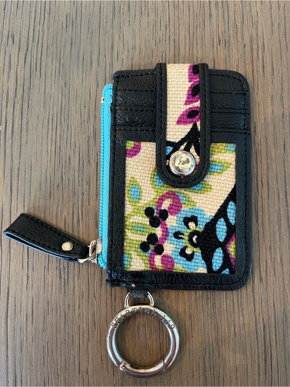 Spartina 449 Black Floral Cardholder with Turquoise Zip and Keyring